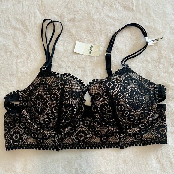 NWT Aerie Black and Cream Floral Lace Balconette Bra - 36B